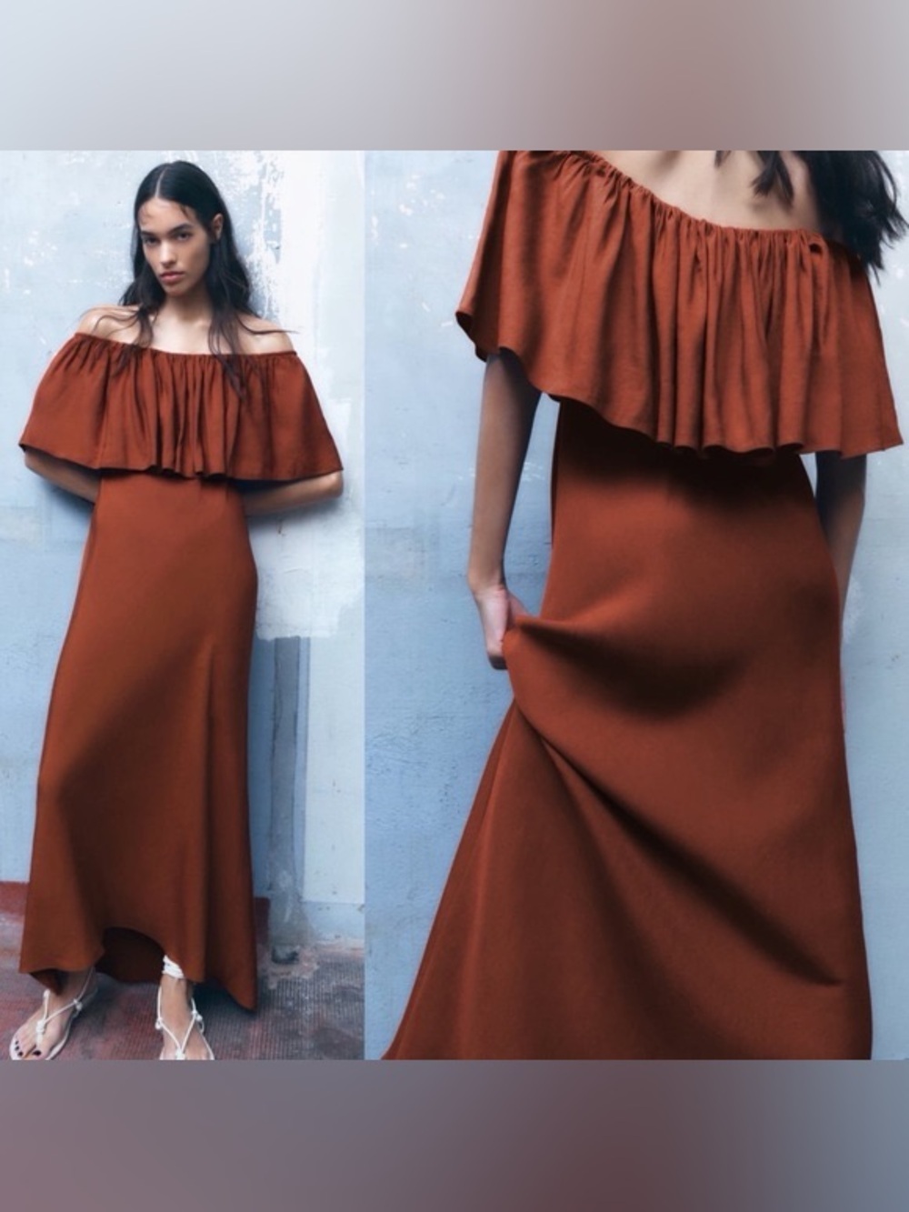 Zara Off-Shoulder Maxi Dress in Burnt Orange - Size Small